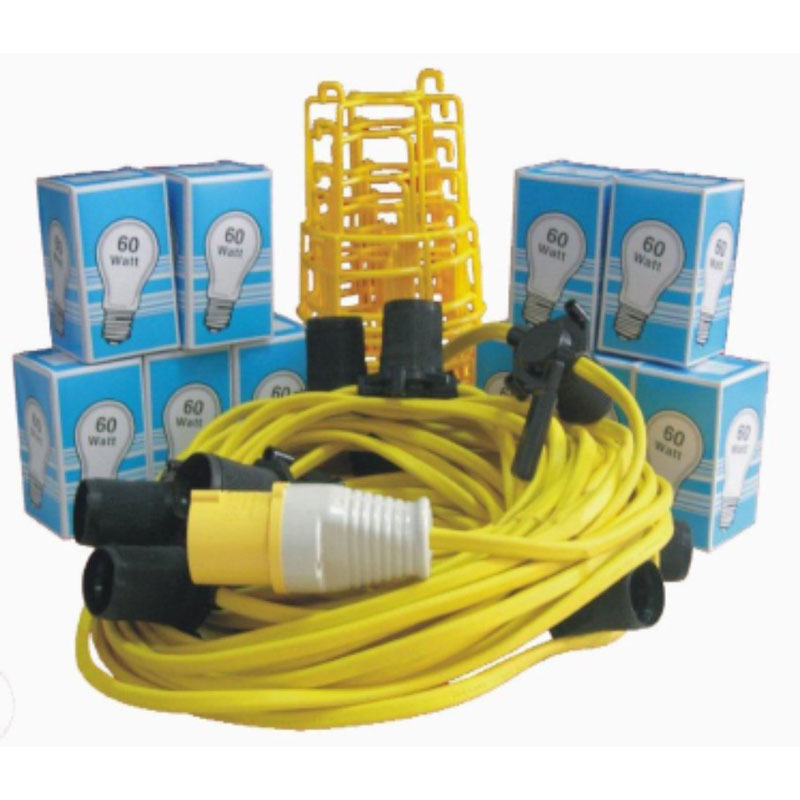 25mtr Festoon Kit. Comes with Lamps, Cages and 110v Plugs